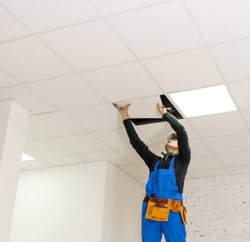Contractor installing a drop ceiling panel in a modern interior space, showcasing professional craftsmanship in acoustic ceiling solutions.