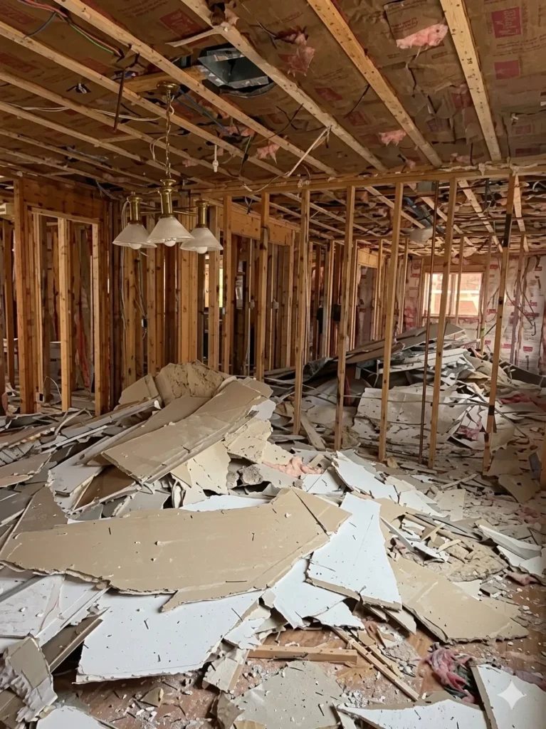 Demolition crew preparing an interior space ahead of drywall work during a renovation.