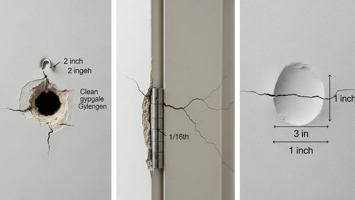 Close-up of different types of drywall damage including holes, cracks, and dents