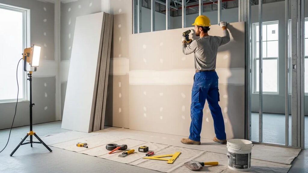 Drywall contractor installing drywall in a Michigan home renovation
