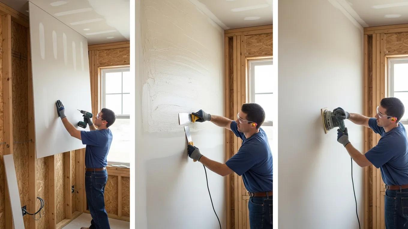 Drywall installation techniques including hanging, taping, and sanding