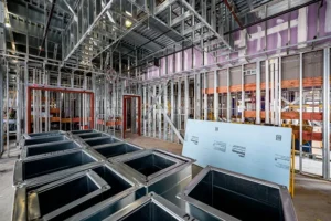Interior construction site with metal stud framing, exposed ductwork, and building materials.