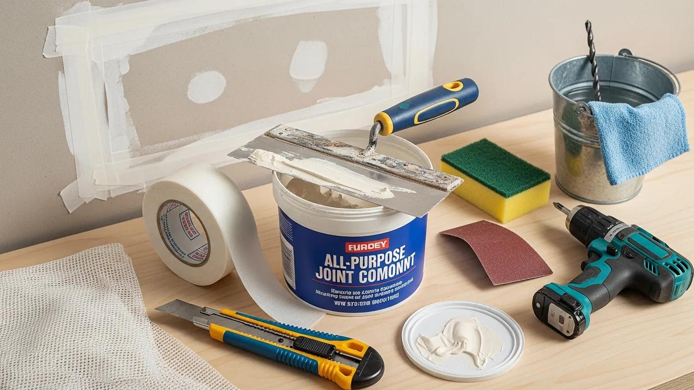 Essential tools and materials for drywall repair including utility knife and joint compound