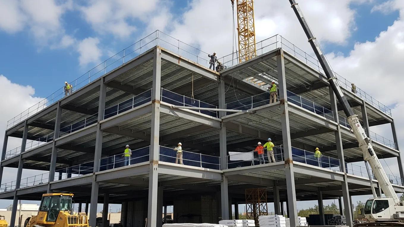 Modern commercial building with metal framing highlighting durability and safety