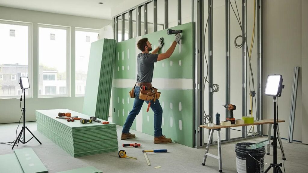 Professional contractor installing soundproof drywall in a modern interior setting
