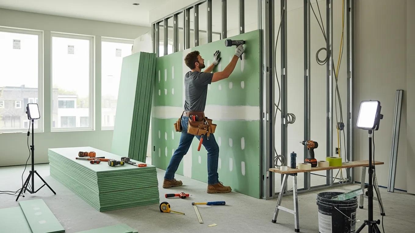 Professional contractor installing soundproof drywall in modern interior setting, emphasizing acoustic comfort and construction techniques.