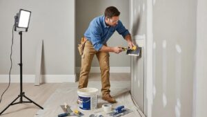 Professional contractor repairing drywall in a modern interior space