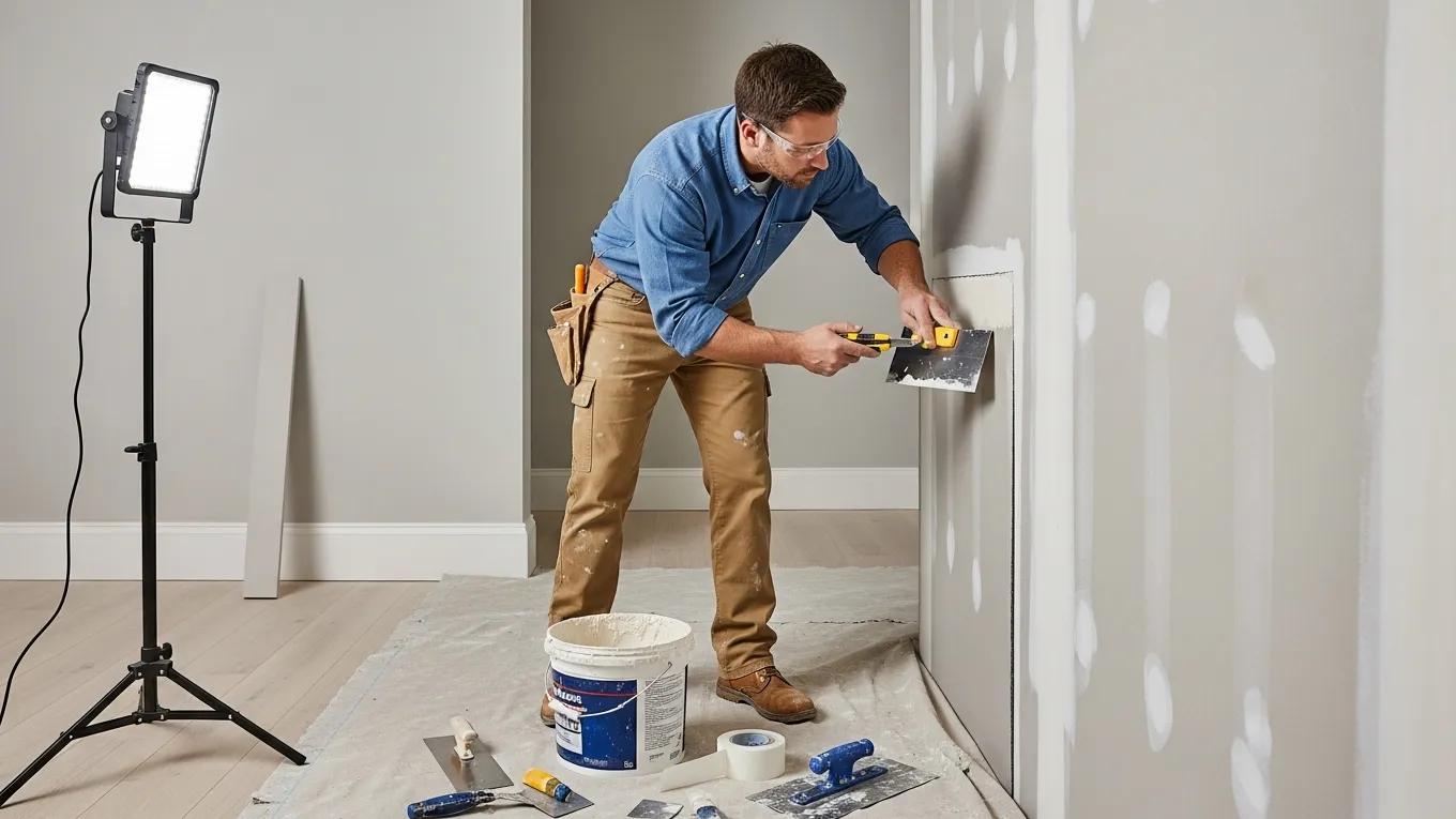 Professional contractor repairing drywall in a modern interior space, using tools and materials for effective drywall repair techniques.