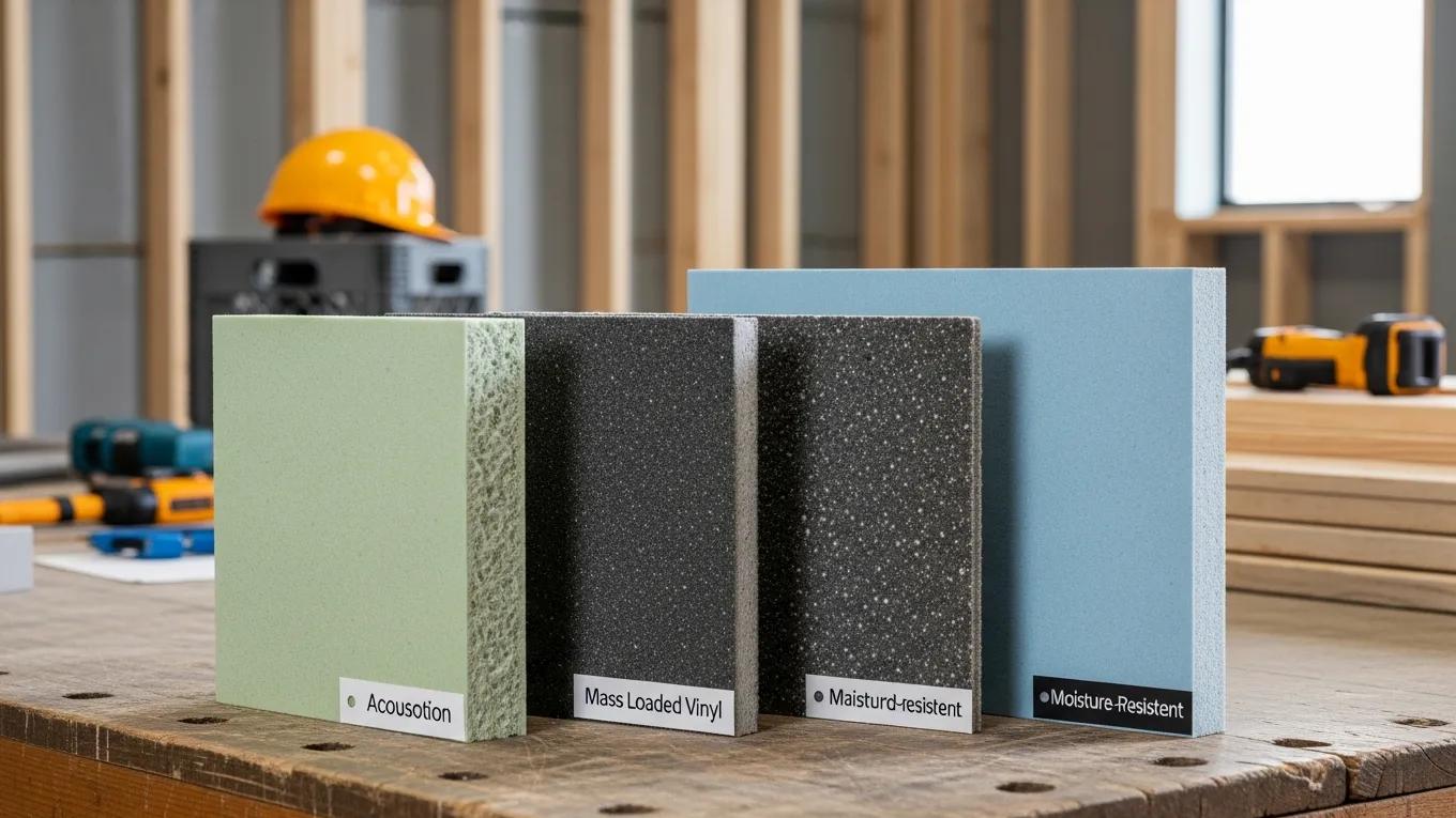 Samples of soundproof drywall materials including acoustic drywall and mass loaded vinyl