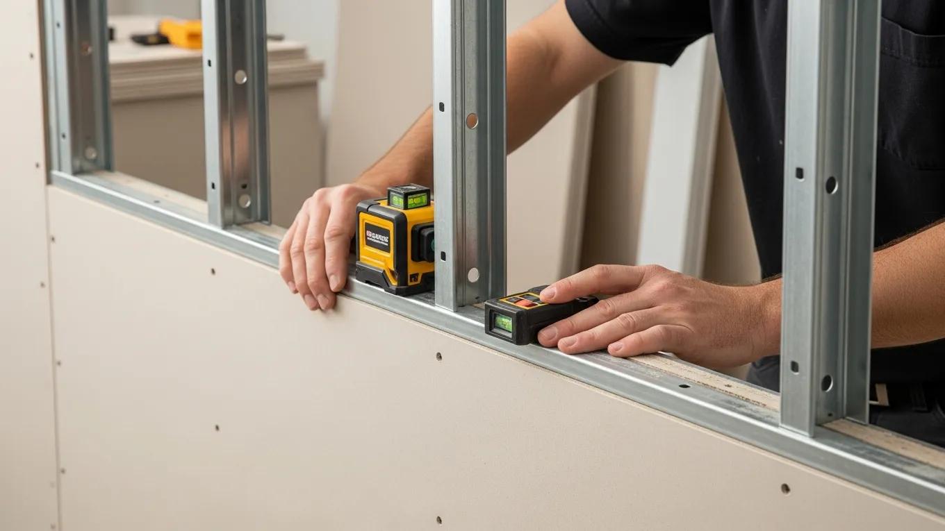 Skilled carpenter framing a wall for soundproof drywall installation