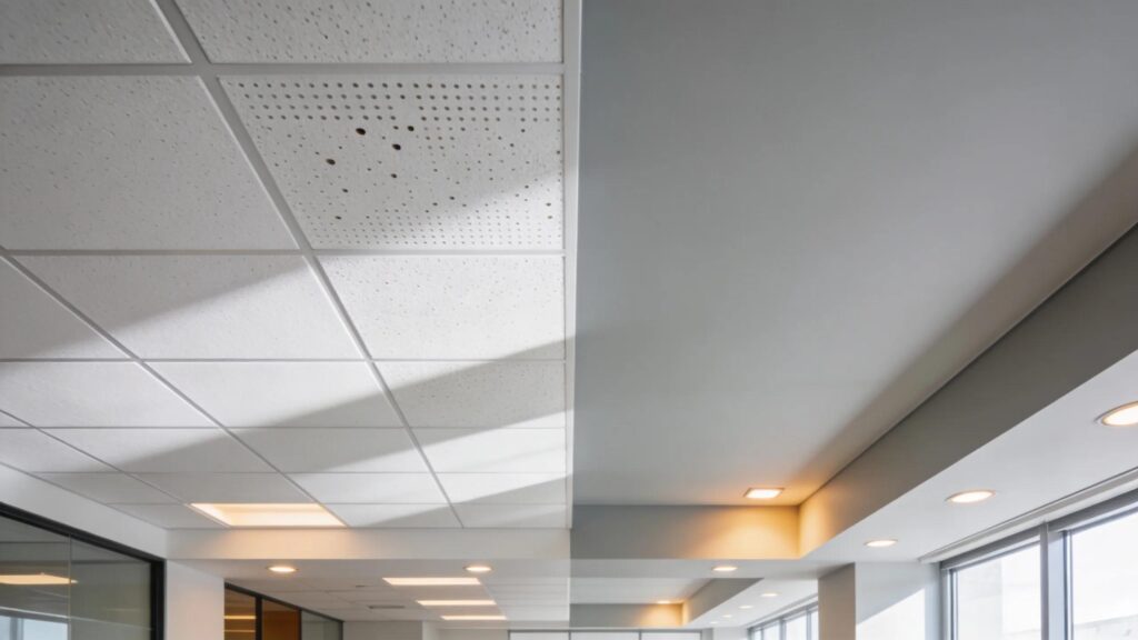 Comparison of acoustic ceiling tiles and drywall in a commercial interior setting