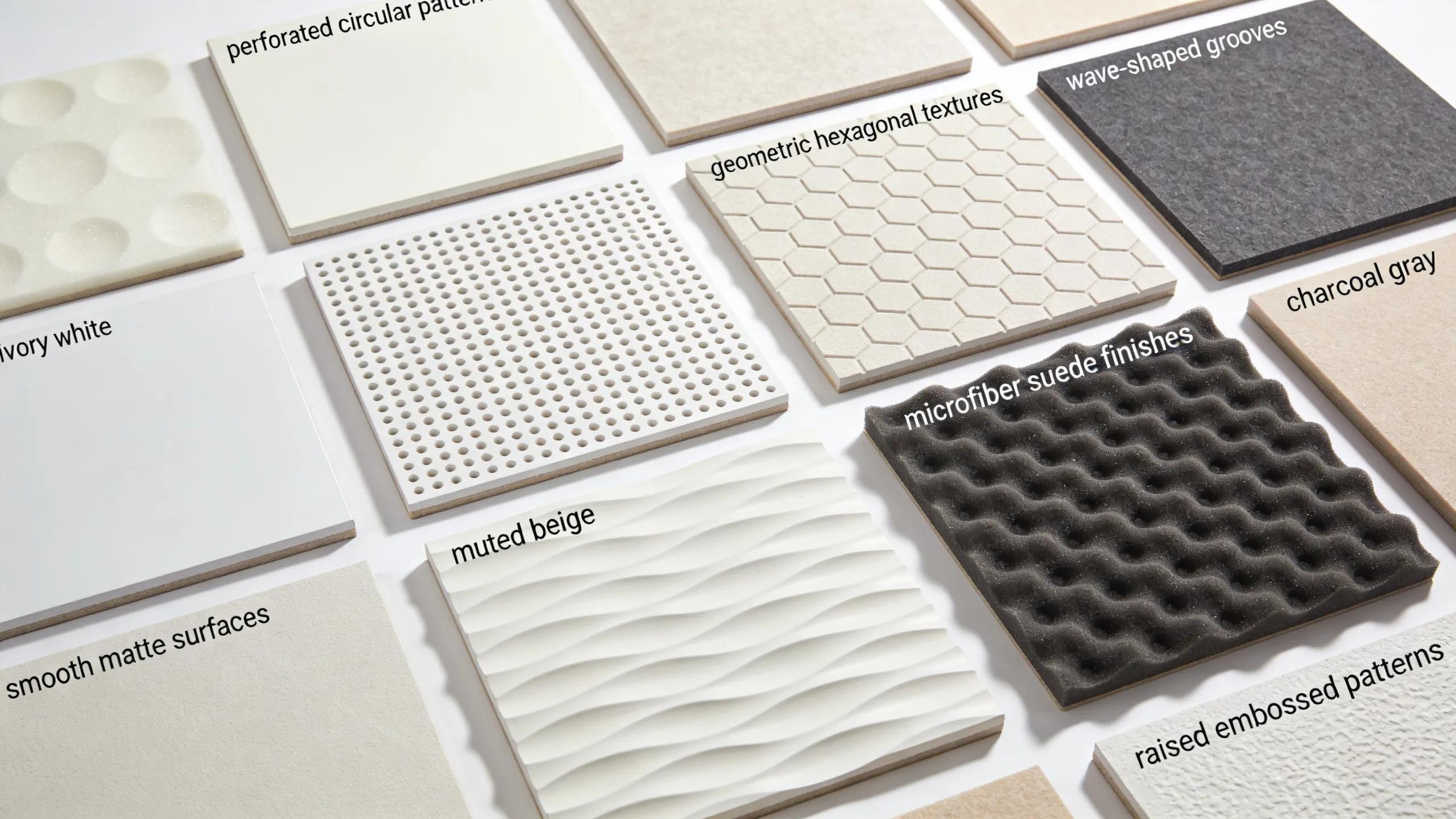 Assortment of acoustic ceiling tiles showing different textures and profiles for commercial applications