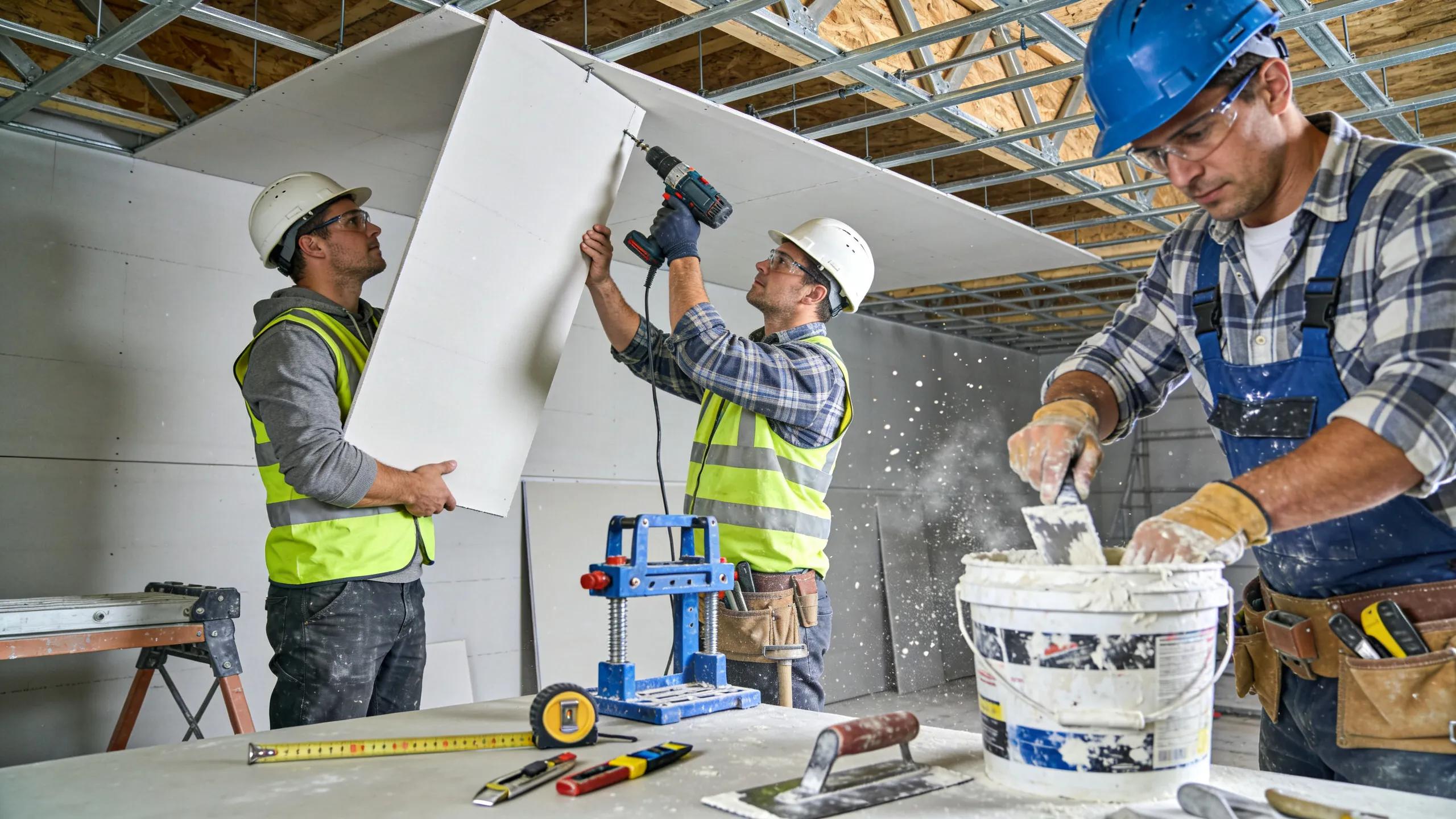 Construction crew installing drywall panels on a commercial ceiling using scaffolding and power tools