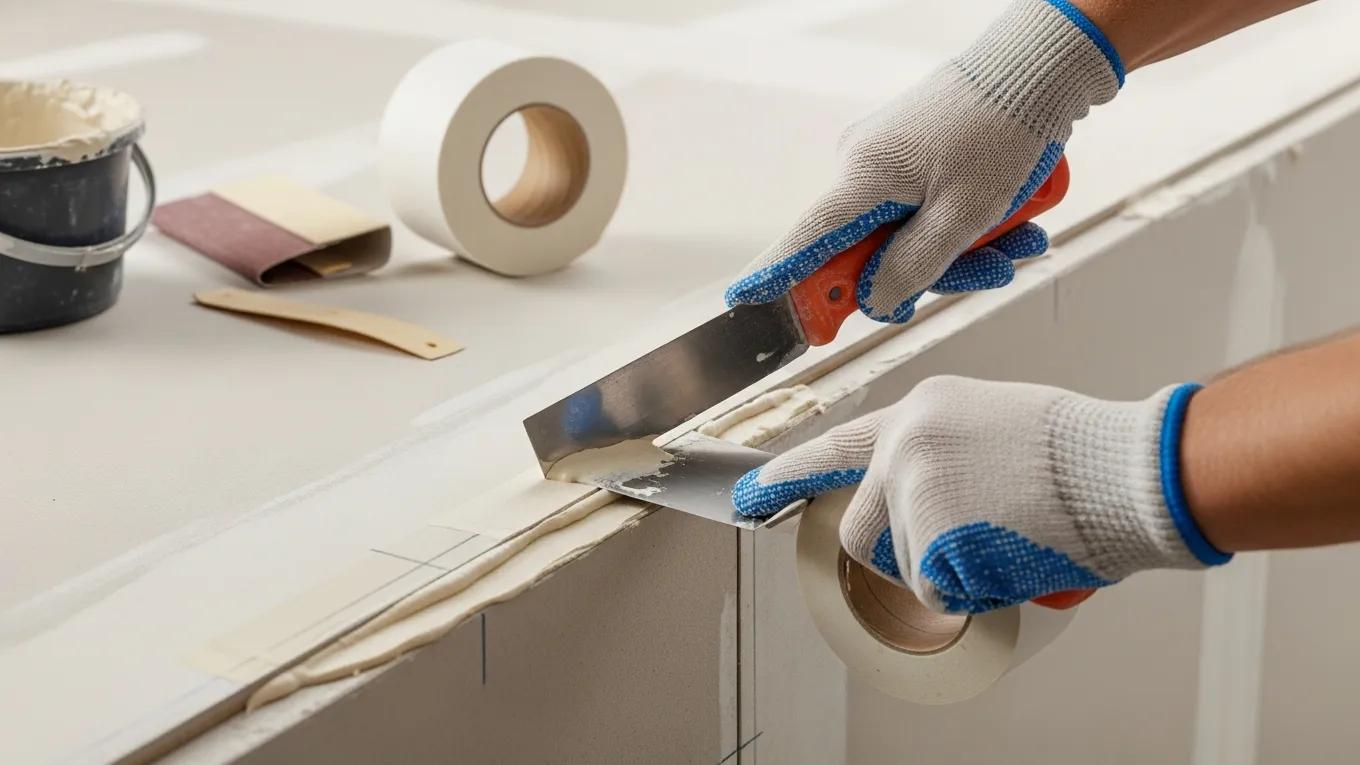Contractor applying joint tape to drywall seams, highlighting best practices in finishing