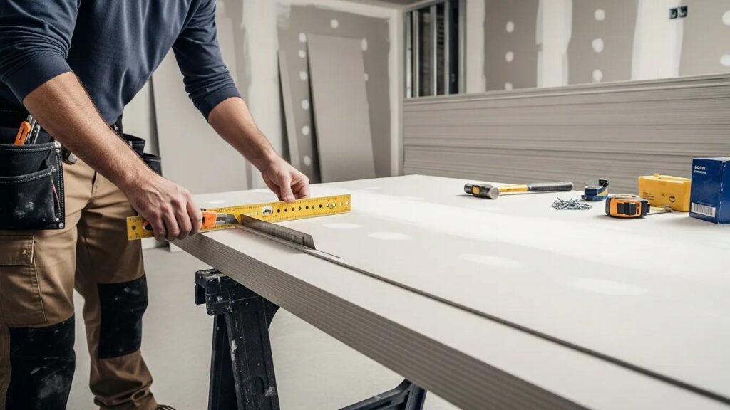 Professional contractor installing drywall with precision tools in a well-lit interior