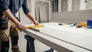 Professional contractor installing drywall with precision tools in a well-lit interior
